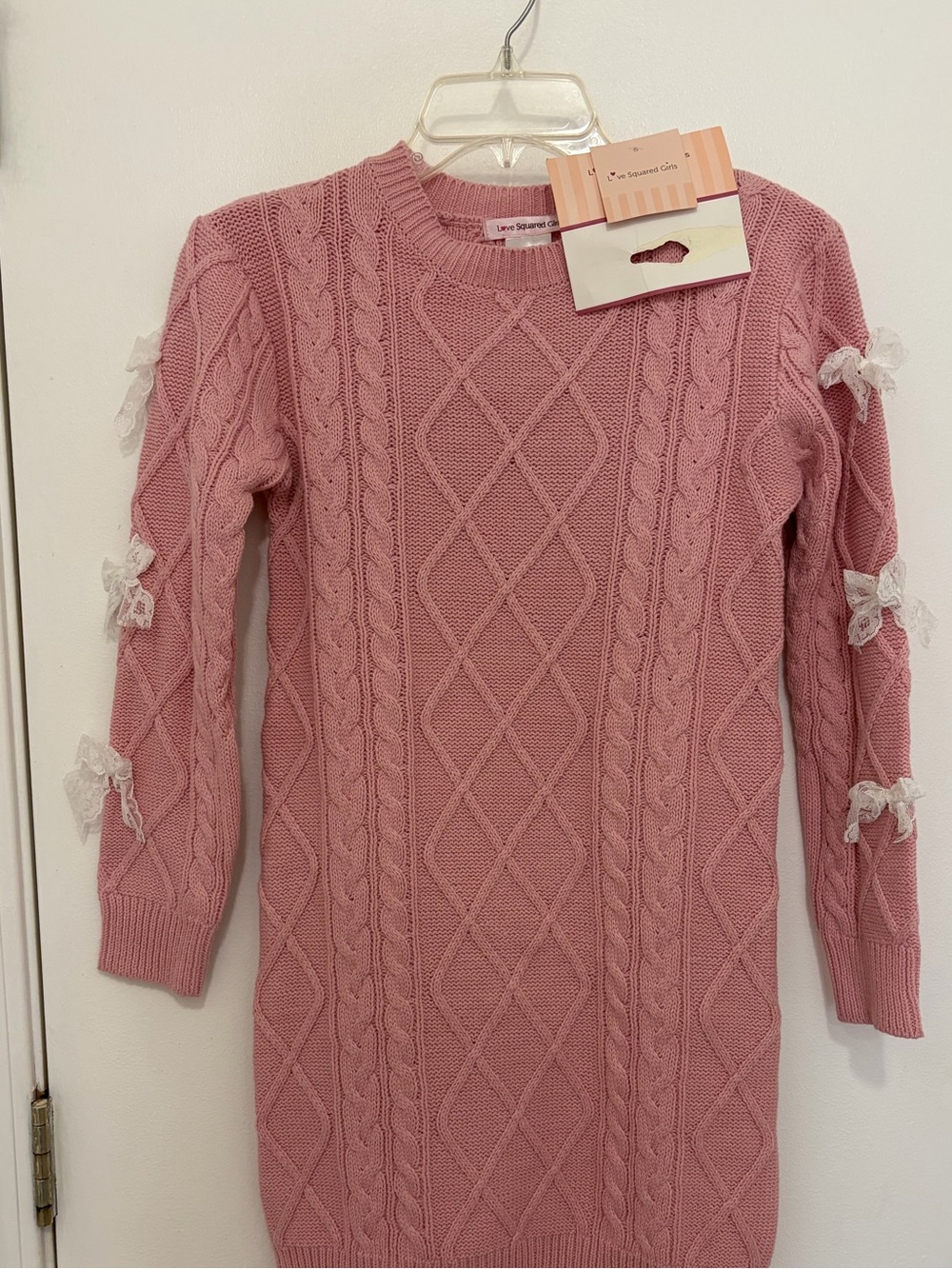 Love Squared Pink Cable-Knit Sweater Dress with Lace Bows